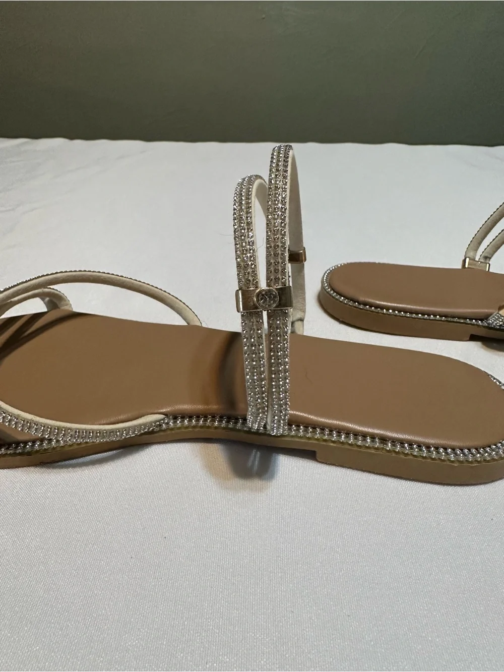 Strappy Rhinestone Sandals in Beige — Elegant Evening Flat